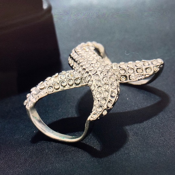 RHINESTONE  SCARF DOUBLE RING SILVER - Picture 3 of 4